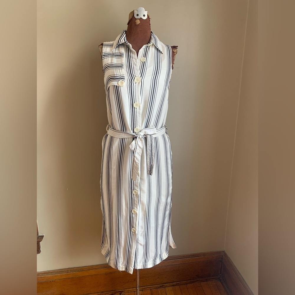 Maeve belted shirt dress, black and cream striped dress